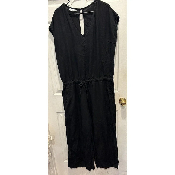 Bryn Walker 100% LINEN JUMPSUIT Size Large Cinched Waist Short Sleeve Black‎ - Picture 2 of 8